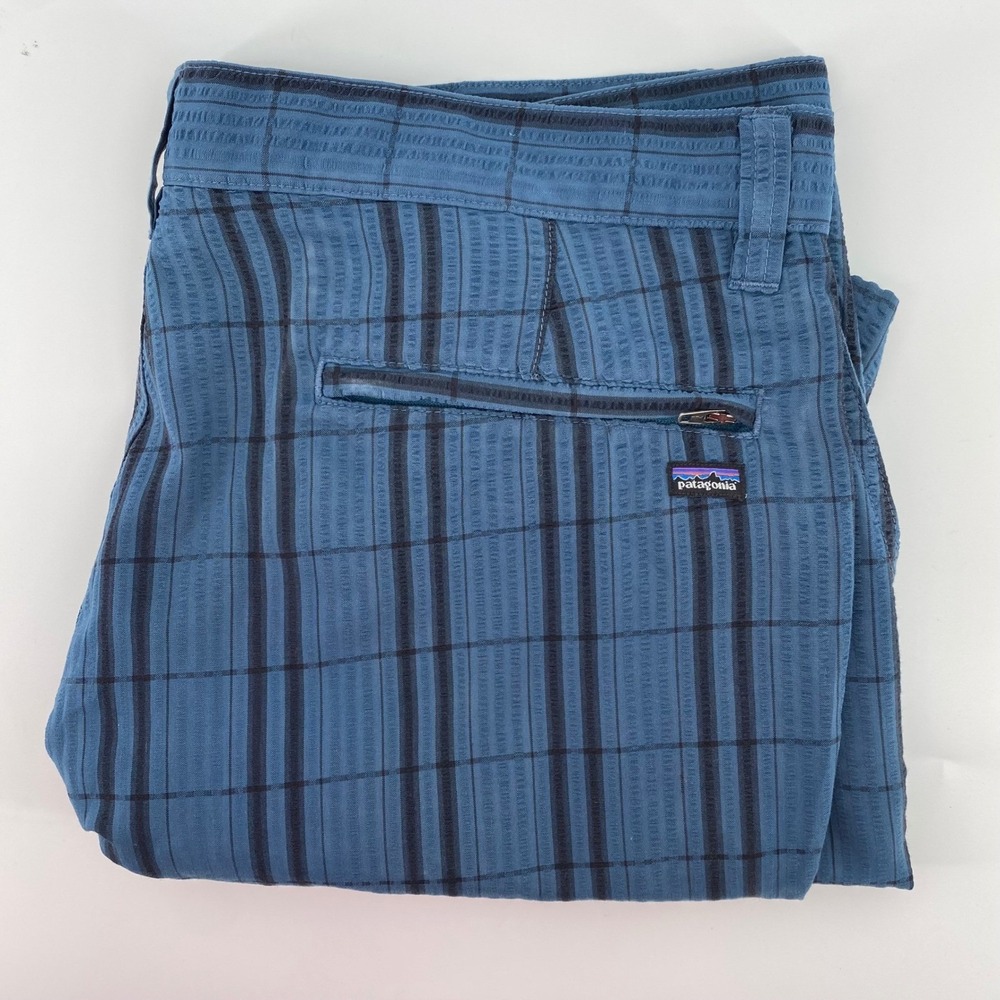 Patagonia Shorts Mens 35 Blue Plaid Organic Cotton Blend Outdoor Hiking 9 Inseam